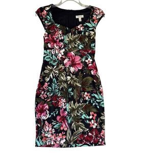 Dressbarn Floral Red Green Black Dress Sweetheart Neck Knee Length Career Size 8